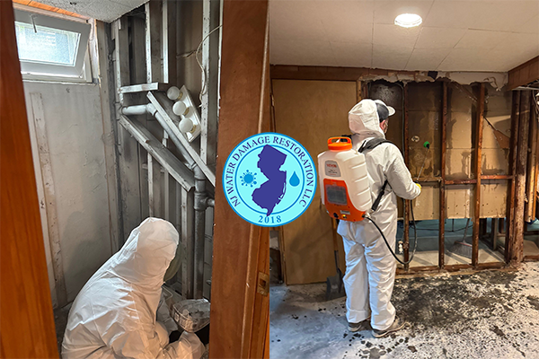 Water damage restoration technician removing water from a flooded basement in New Jersey