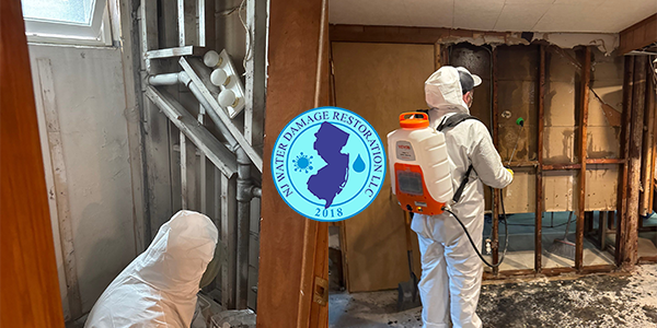Water damage restoration technician removing water from a flooded basement in New Jersey