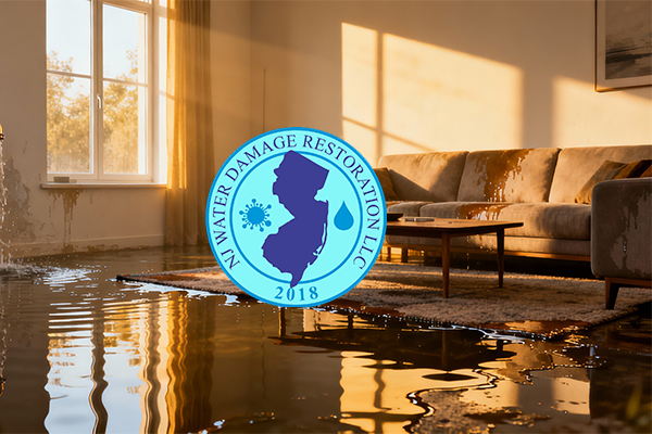 Water damage in a home living room with standing water on the floor, illustrating emergency water damage restoration