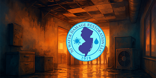 Commercial building interior showing water and fire damage with moisture, smoke residue, and structural impact