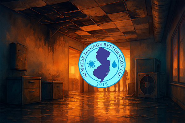 Commercial building interior showing water and fire damage with moisture, smoke residue, and structural impact